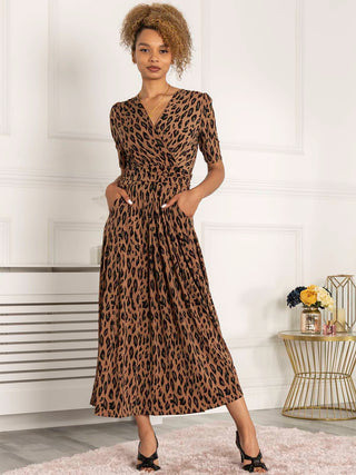 Jolie Moi Akayla Printed Jersey Maxi Dress, Brown Animal, Short Sleeves, Wrap-over Front, V-neckline, Ruched Elasticated Waistband, 2 Side Pockets, Front Side