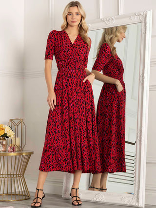 Jolie Moi Akayla Printed Jersey Maxi Dress, Red Animal, Short Sleeves, Wrap-over Front, V-neckline, Ruched Elasticated Waistband, Subtle Pleat Detail, Front Side