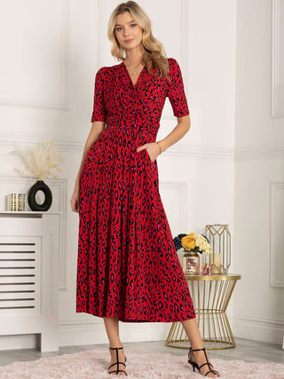 Jolie Moi Akayla Printed Jersey Maxi Dress, Red Animal, Short Sleeves, Wrap-over Front, V-neckline, Ruched Elasticated Waistband, Subtle Detail, 2 Side Pockets