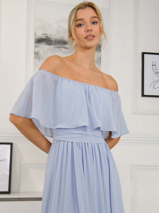 Off Shoulder Maxi Chiffon Dress, Light Blue