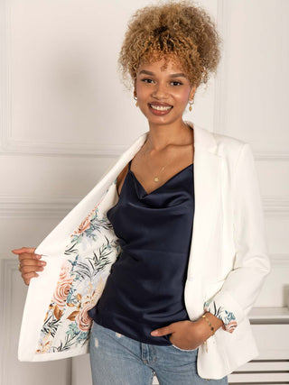 womens work blazer. White floral print interior lining. Blazer for professional women. Fashionable blazer for the professional woman