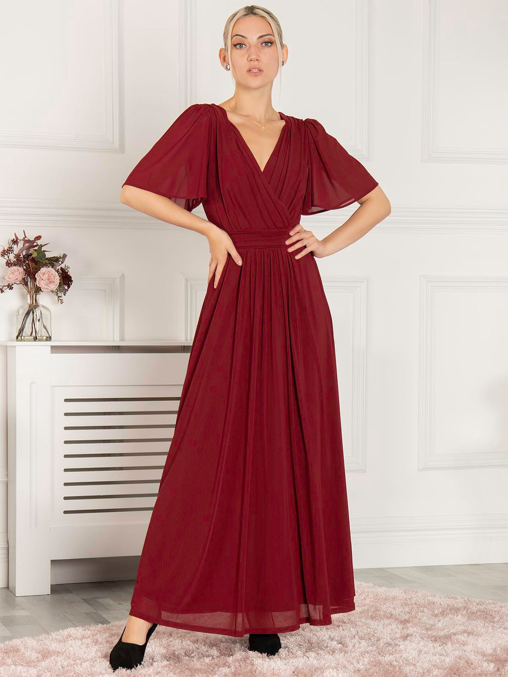 Flute Sleeve Mesh Maxi Dress, Burgundy – Jolie Moi Retail