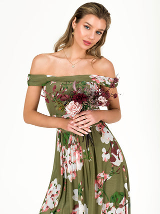 Jolie Moi Paula Bardot Floral Mesh Midi Dress, Green Floral