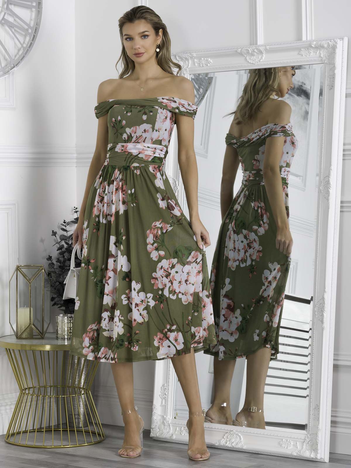 Jolie Moi Paula Bardot Floral Mesh Midi Dress Green Floral Jolie Moi Retail