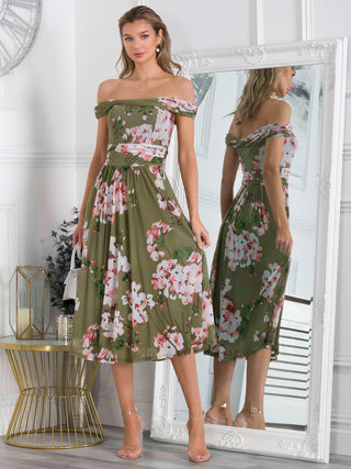 Jolie Moi Paula Bardot Floral Mesh Midi Dress, Green Floral