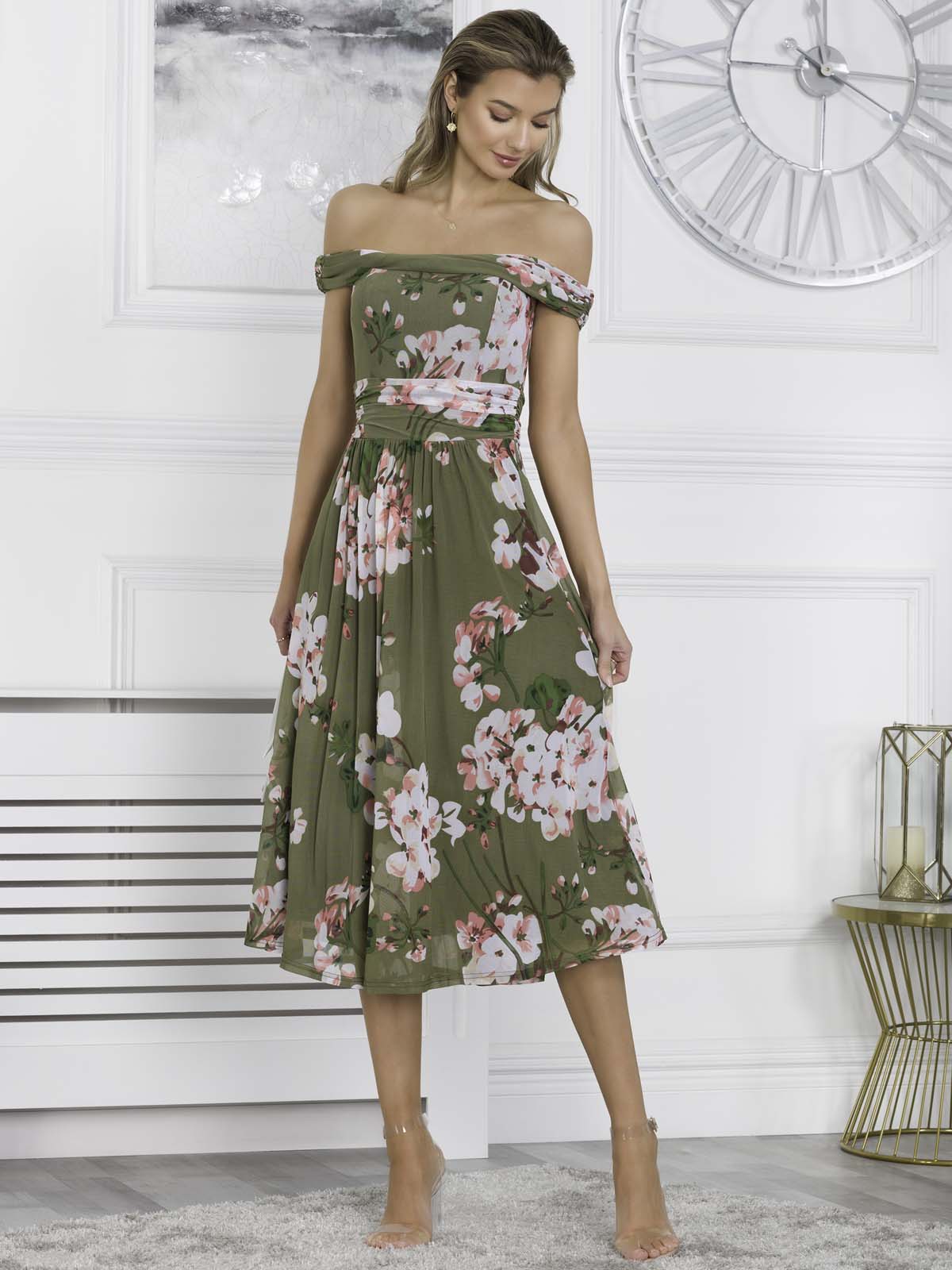 Green floral bardot sales dress