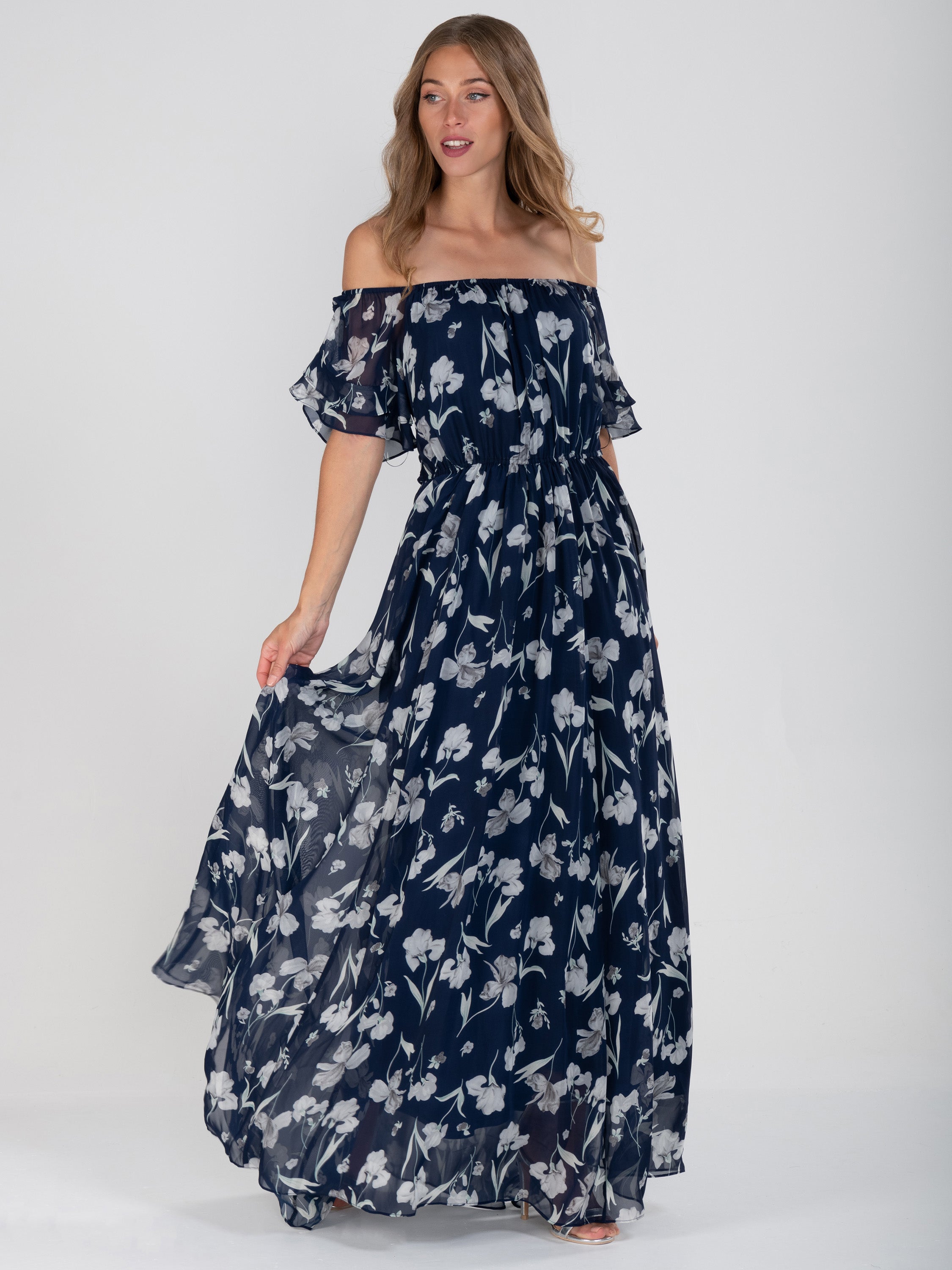 Navy floral off hot sale the shoulder dress