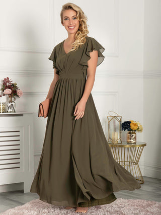 Green Olive Chiffon Floral Ruffle Dress, V Neck Summer Chiffon Dress,  Summer Boho Dress Long Sleeve -  Sweden