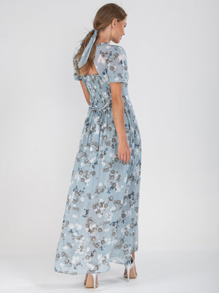 Puff Sleeve Chiffon Maxi Dress, Blue Floral
