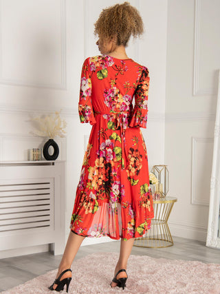 Jolie Moi Dipped Hem Mesh Midi Dress, Red Floral