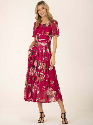 Julita Floral Mesh Midi Dress, Berry