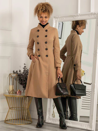 Double Breasted Button Detail Fit And Flare Coat, Camel