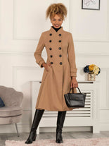 Double Breasted Button Detail Fit And Flare Coat, Camel