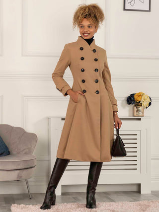 Double Breasted Button Detail Fit And Flare Coat, Camel