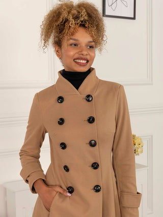 Double Breasted Button Detail Fit And Flare Coat, Camel