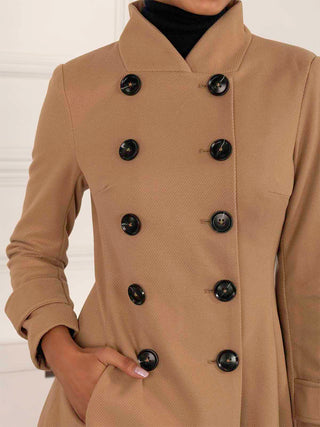 Double Breasted Button Detail Fit And Flare Coat, Camel