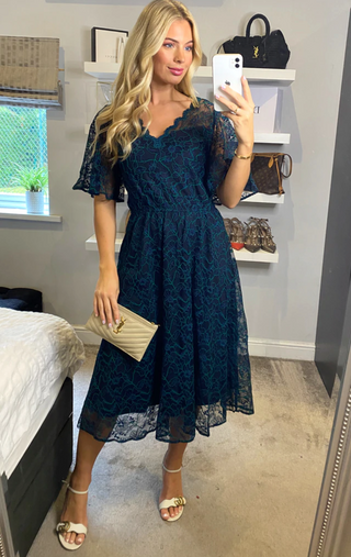 Jolie Moi Flare Sleeved Lace Midi Dress Navy Jolie Moi Retail