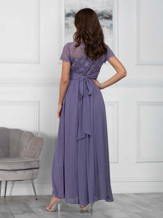 Short Sleeve Lace Maxi Chiffon Dress, Lavender