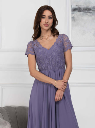 Short Sleeve Lace Maxi Chiffon Dress, Lavender