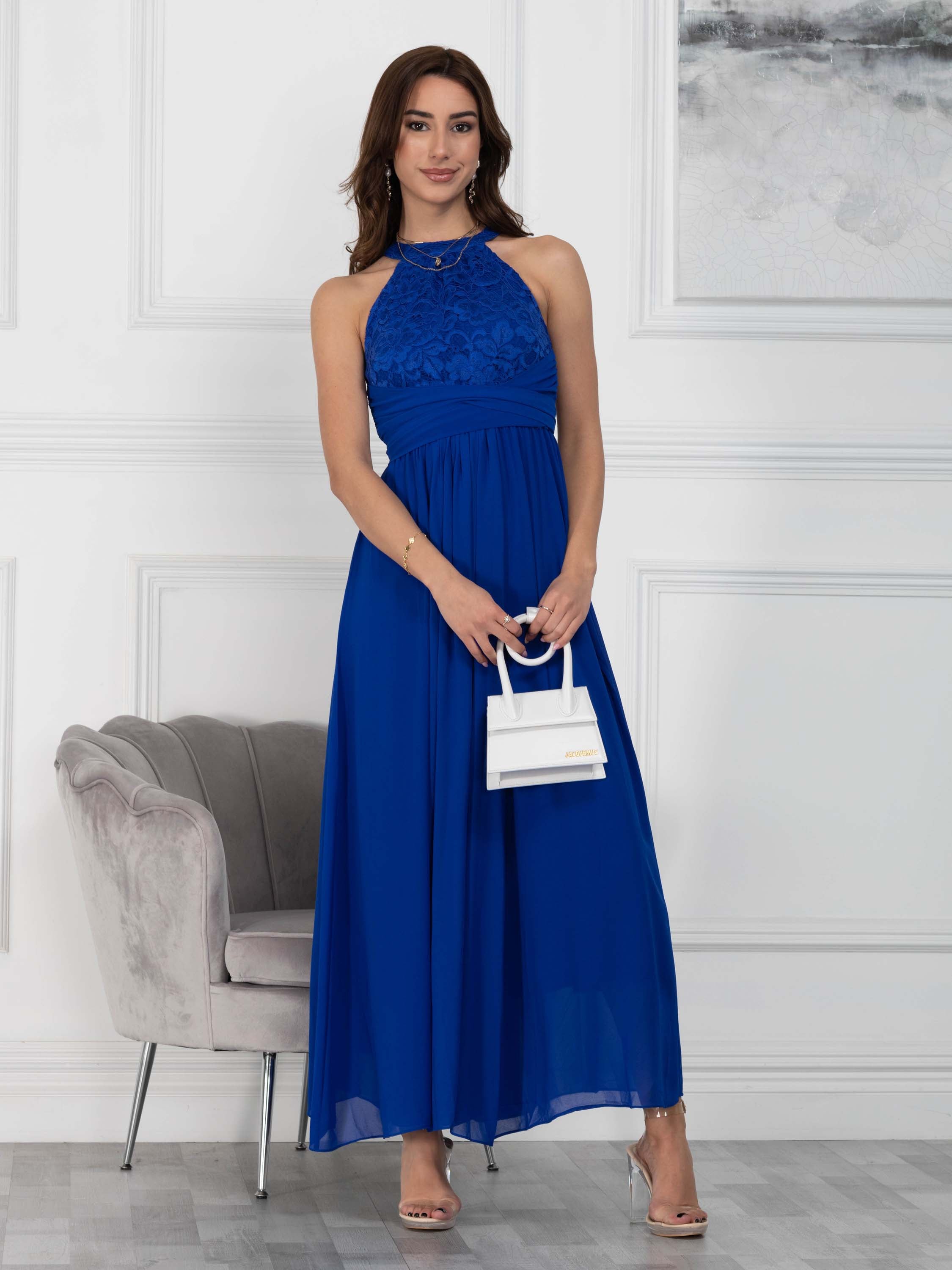 Halter Neck Lace Maxi Bridesmaid Dress Royal Blue