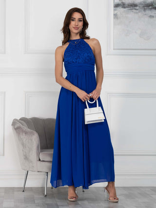 Halter Neck Lace Maxi Bridesmaid Dress, Royal Blue Jolie Moi Retail Halter Neck Lace Maxi Bridesmaid Dress, Royal Blue Jolie Moi Retail