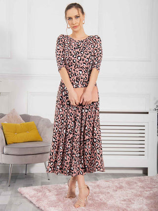 Jolie Moi Animal Print Sleeved Jersey Dress, Mauve