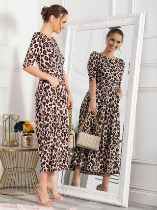 animal print midi dress uk Sarta Brown Leopard Print Tea Dress Midi Party Dresses Evening Wear UK Small (UK 8-10)