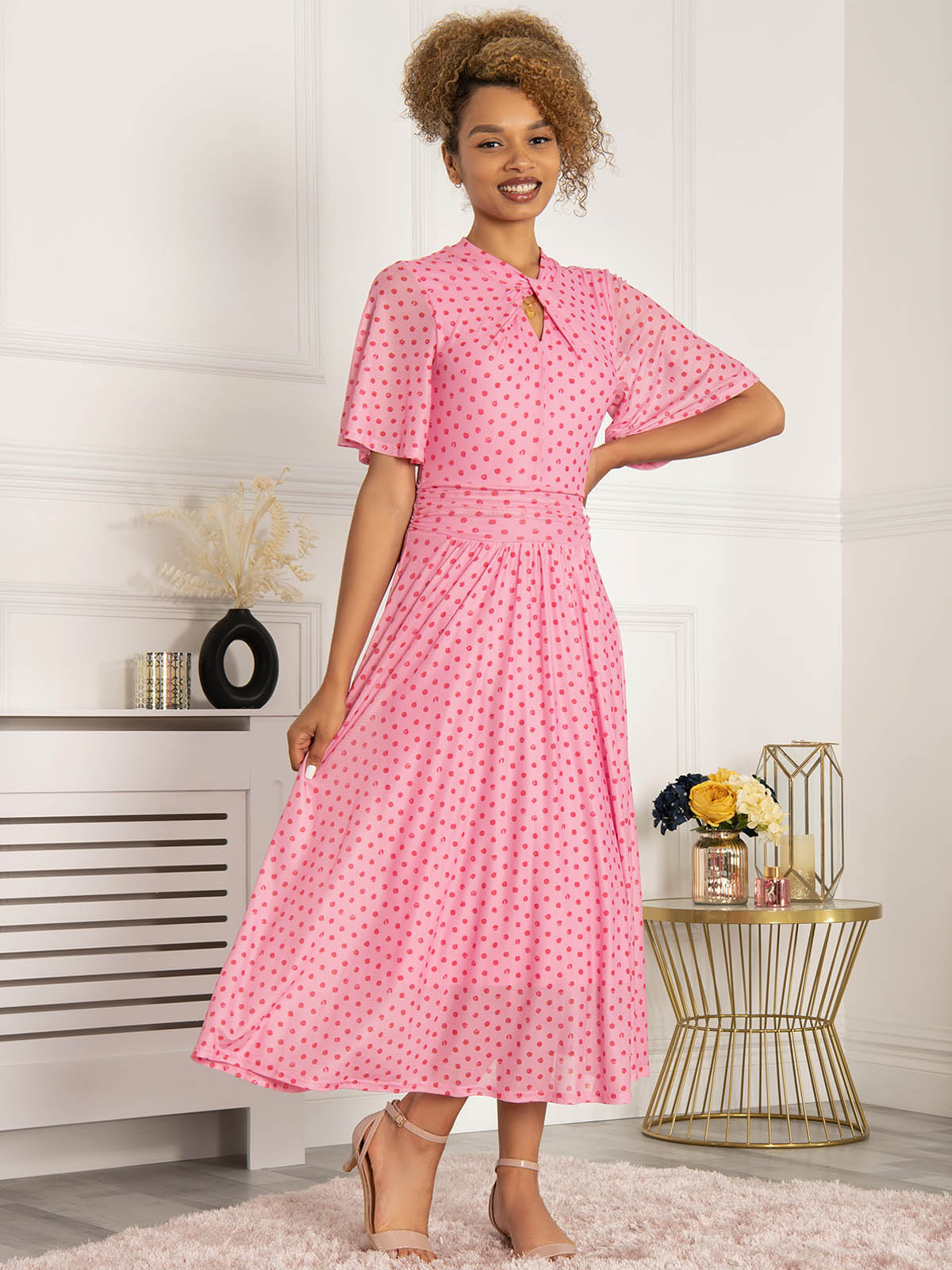 Jolie Moi Danika Keyhole Neck Mesh Dress Pink Polka Jolie Moi