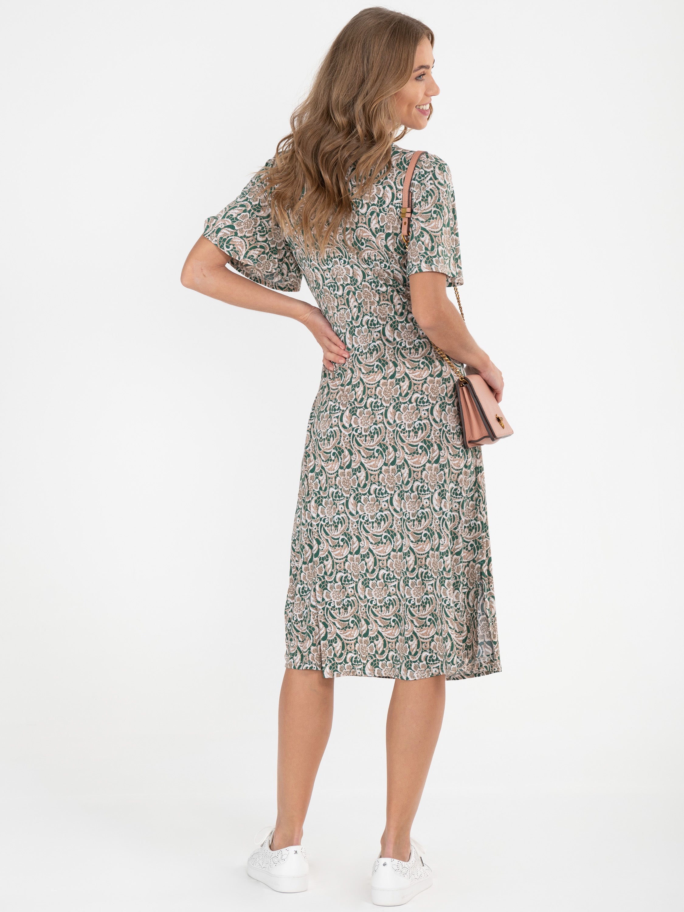 Twist Front Midi Jersey Dress, Green Pattern