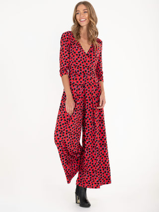 3/4 Sleeve Wrap Front Jersey Jumpsuit, Red Spot