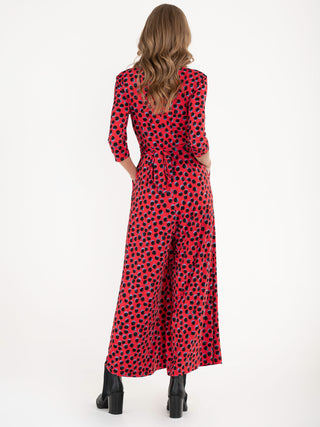 3/4 Sleeve Wrap Front Jersey Jumpsuit, Red Spot