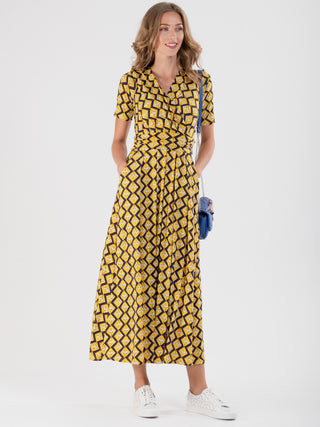 Sleeved Jersey Maxi Dress, Yellow Geo