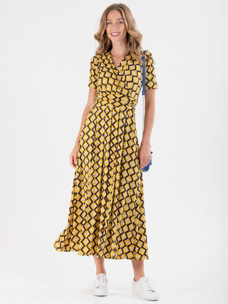 Sleeved Jersey Maxi Dress, Yellow Geo