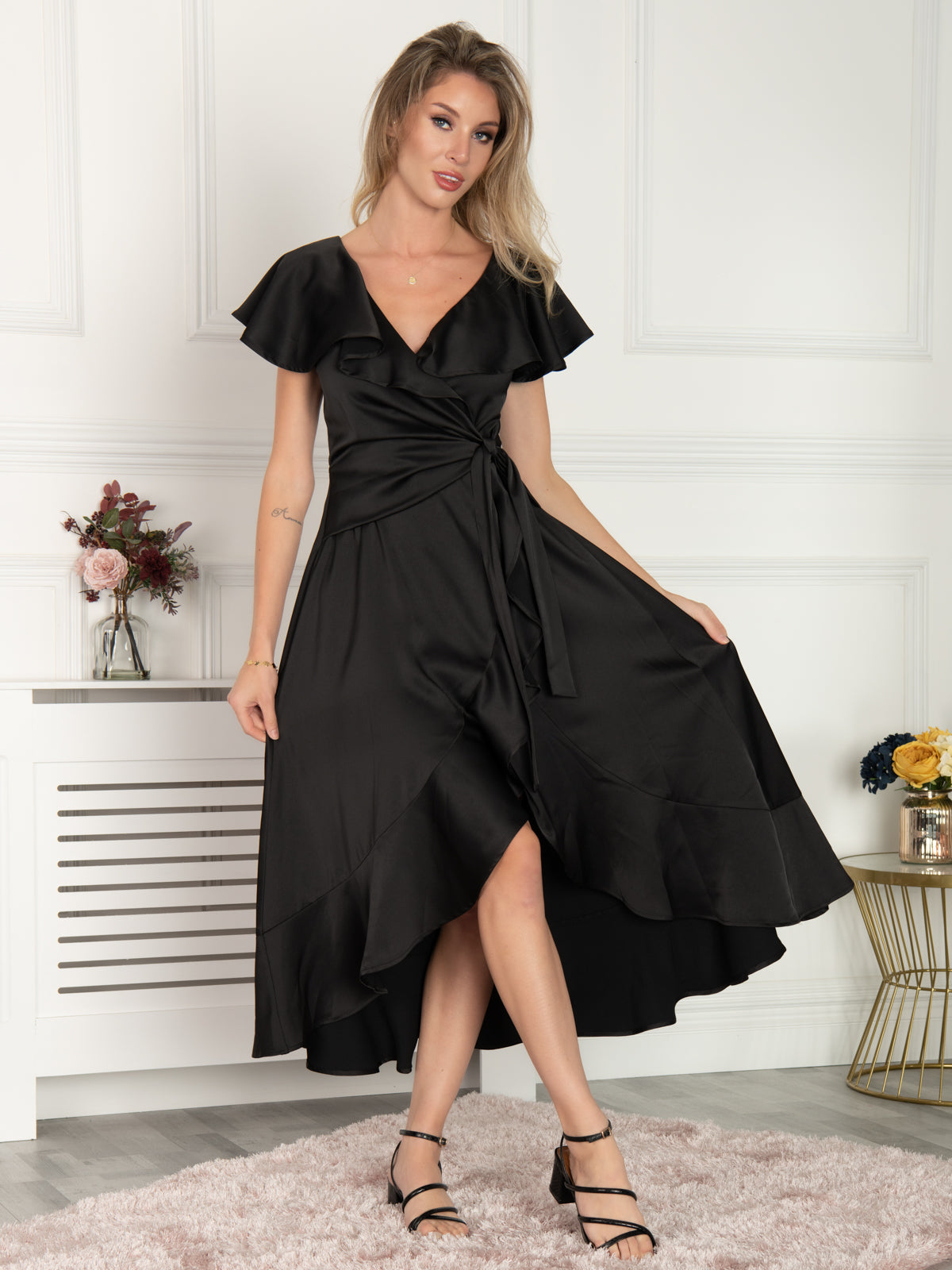 Black satin high low 2024 dress