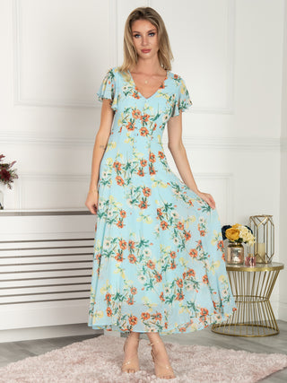 Sample Sale - Tie Waist Maxi Dress, Blue Floral