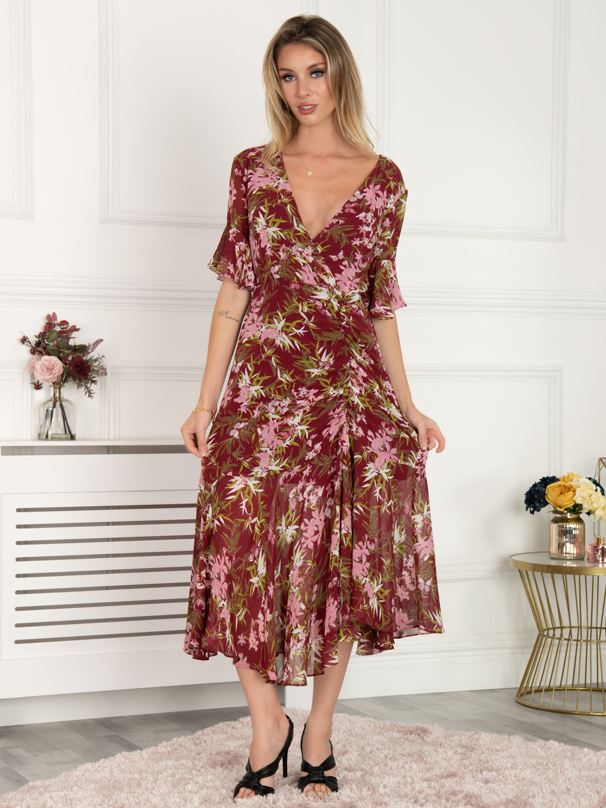 Burgundy floral midi dress sale