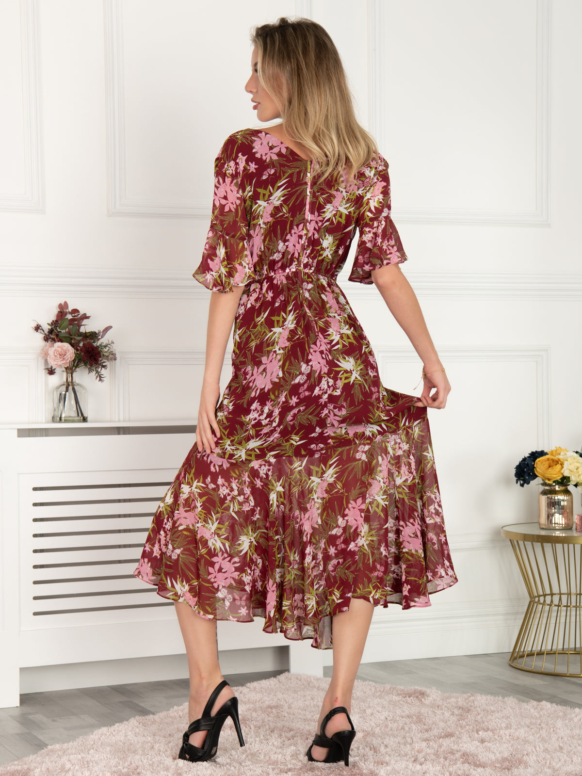 Burgundy floral wrap clearance dress