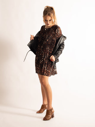 Pleated Printed Tunic, Brown Animal Pattern