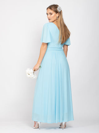 Sample Sale -V-Neck Angel Sleeve Maxi Dress, Ice Blue