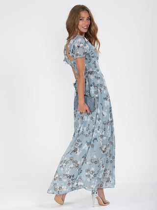 Womens Floral Short Flare Sleeve Chiffon Maxi Dresses V Neck Summer Skirts  Dress