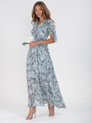 Puff Sleeve Chiffon Maxi Dress, Blue Floral