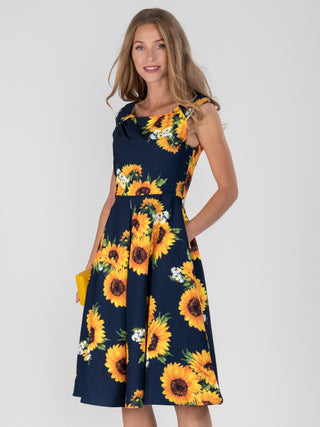 Retro Floral Print Swing Dress, Navy Floral