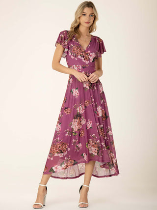 Jolie Moi Eliza Dip Hem Mesh Maxi Dress, Purple Floral