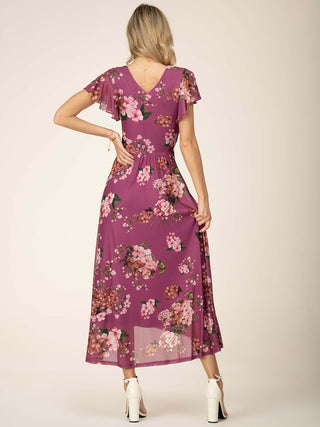 Jolie Moi Eliza Dip Hem Mesh Maxi Dress, Purple Floral