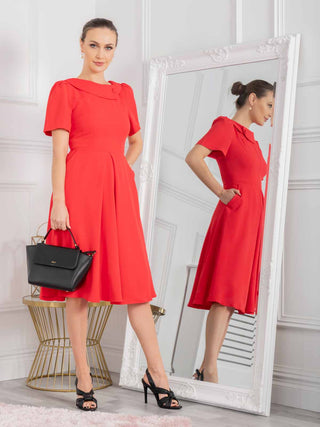 Jolie Moi Debora Button Neck Dress, Red