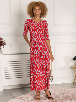 Sienna 3/4 Sleeve Maxi Dress, Red Leafy