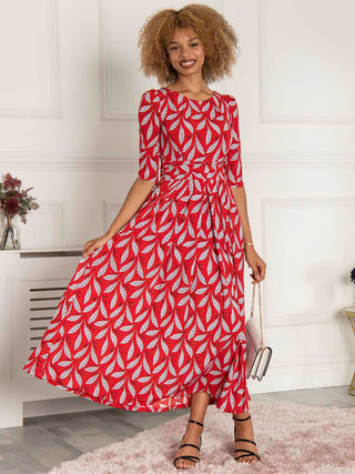 Sienna 3/4 Sleeve Maxi Dress, Red Leafy