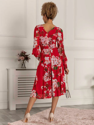 Jolie Moi Gianna Long Sleeve Mesh Midi Dress, Red Floral