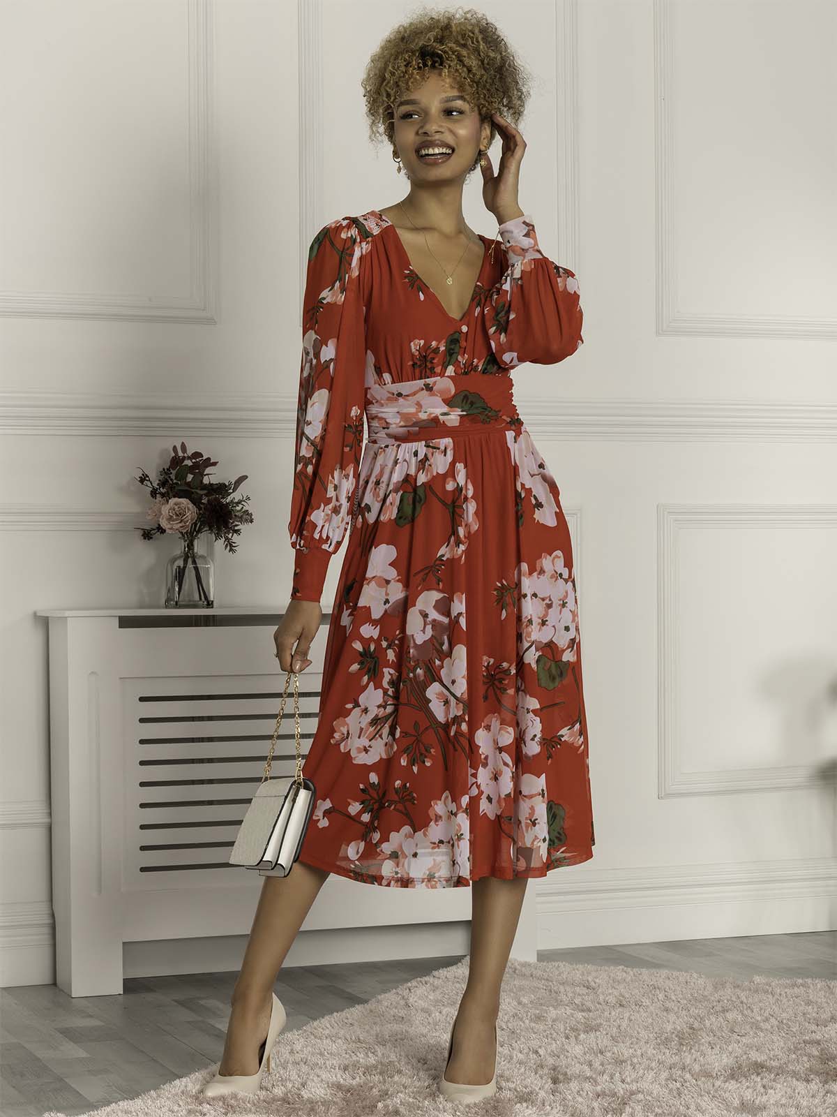 Red floral silk on sale dress