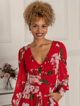Jolie Moi Gianna Long Sleeve Mesh Midi Dress, Red Floral